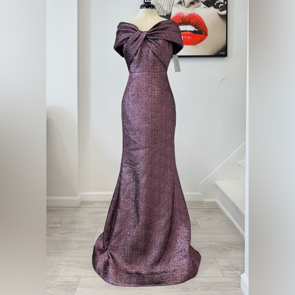 Teri Jon by Rickie Freeman Metallic Jacquard Bodice Off Shoulder Gown Dress - Picture 8 of 16